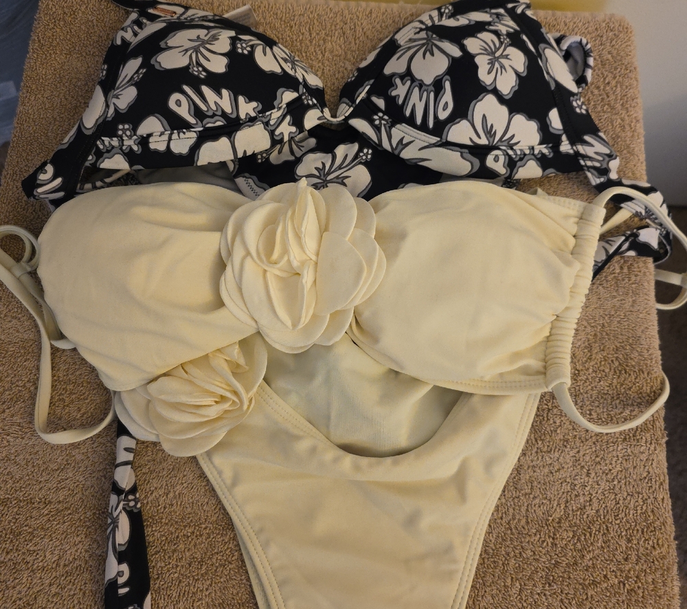 PINK Victoria's Secret Black & Cream Floral Bandeau Bikini Set